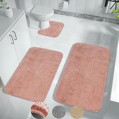 Immagine prodotto di Set di 3 tappetini da bagno Unyqoos® – tappetini da bagno in microfibra antiscivolo, super assorbenti, lavabili in lavatrice, rosa, forma a U, dimensioni: 40x50 + 50x60 + 50x80 cm