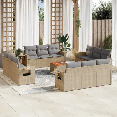 Produktbild von Design 13-tlg. Garten-Sofagarnitur mit Kissen Beige Poly Rattan, Gartenmöbel-Sets 2024 Neu