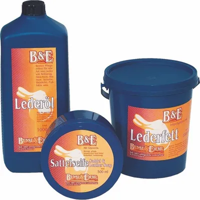 Three blue containers of leather care products are arranged on a white background.