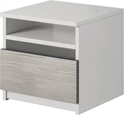 A white and gray nightstand with a wood-grain drawer front.