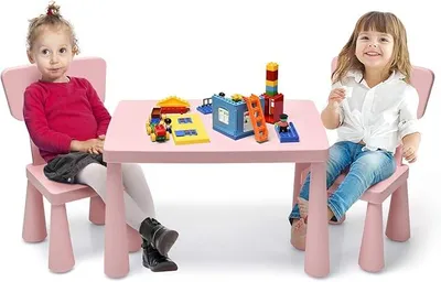 Produktbild von 3 TLG. Kindersitzgruppe, Kindertischgruppe, Kindertisch mit 2 Stühlen, Kindermöbel aus Kunststoff, Kinder Tischset für Kindergarten und Kinderzimmer (Pink)
