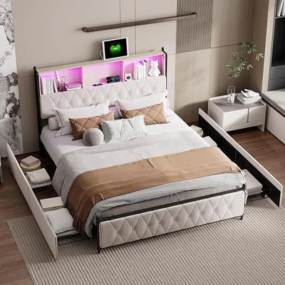 Produktbild von 180 x 200cm Polsterbett mit Stauraum-Kopfteil und USB Ladefunktion und LED-Kopfteil und 4 Schubladen,Doppelbett Bettgestell