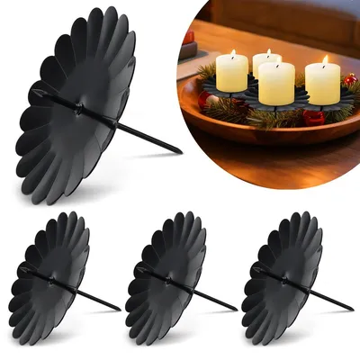 Produktbild von 4 Stück Kerzenständer, Adventskranz Kerzenhalter für Stumpenkerzen, Schwarz 7.5 cm, Kerzenteller mit Dorn, Adventskranz Kerzenstecker