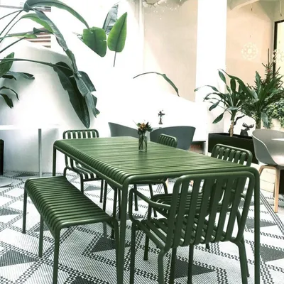 Produktbild von Gartenmöbel Tisch- und Stuhlset – Outdoor Eisenmöbel, geeignet für Gartenrestaurants, Cafés und andere Außenbereiche, grün 180CM 【HYZL1879】