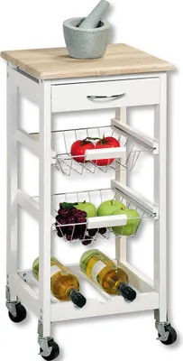 Produktbild von KESPER Küchenwagen Servierwagen weiß,, 36x36x77 cm, mit 2 Körben, Schublade, Flaschenregal & Rollen, Modell 2581413