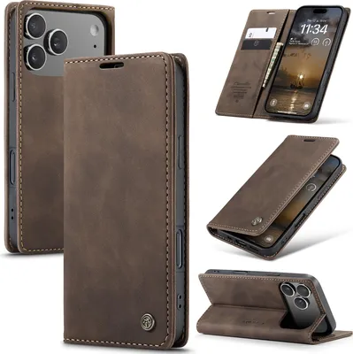 Obrázek produktu pro Pouzdro pro iPhone 17 Pro, RetroPolyuretanKožené Pouzdro s Funkcí Stojánku bronz