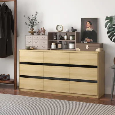 Produktbild von 160cm Kommode mit 9 Schubladen,Kommode für Dicke Holzpaneele,Kommode mit 9 Schubladen für Wohnzimmer,Schlafzimmer,Farbe Holzmaserung + Schwarzes Glas