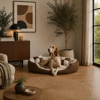 Produktbild von belviona 4-in-1 Hundebett, Hundekörbchen mit Wendekissen, wasserabweisend, tiefer Einstieg & 2 Spielkissen, 110x80 cm, braun/beige, KI-generiertes Bild