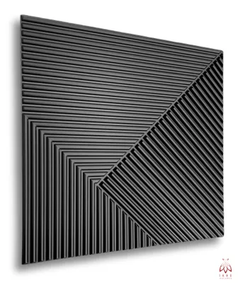 A dark gray, textured 3D wall panel with a geometric pattern of parallel lines.