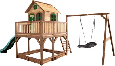 Produktbild von AXI Spielhaus Liam mit Sandkasten, Nestschaukel & grüner Rutsche | Stelzenhaus XXL in Braun & Grün aus  Holz für Kinder | Spielturm mit Wellenrutsche für den Garten