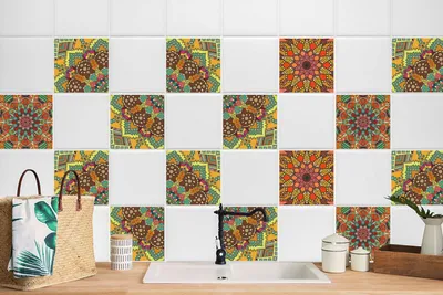 Produktbild von 24 Stück Laminierter Fliesen Für Bad Küche Fließen Nachbildung Klebefolie Bunte Arabeske 20 x 20 cm