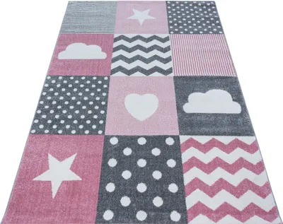 Produktbild von Teppich Läufer Kinderzimmer Pink 80x150 Herz- und Stern Design aus Polypropylen
