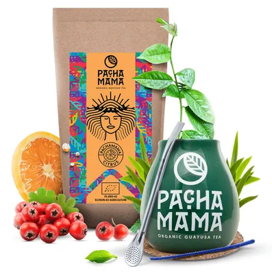 Produktbild von Pachamama - Guayusa Tee Set Citrus 100g - Grüner Keramik Mate Becher 350ml - Orange Hibiskus Minze - Luftgetrocknet - Bombilla