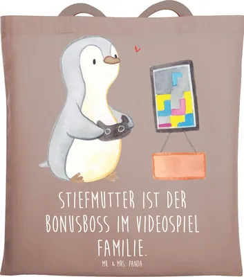 Produktbild von Mr. & Mrs. Panda Einkaufstasche Stiefmutter Bonusboss - Braun Pastell - Geschenk, Stiefkind, Schultasche, Patchwork-Familie, Dankeschön, Freude, Herausforderung, Tote Bag