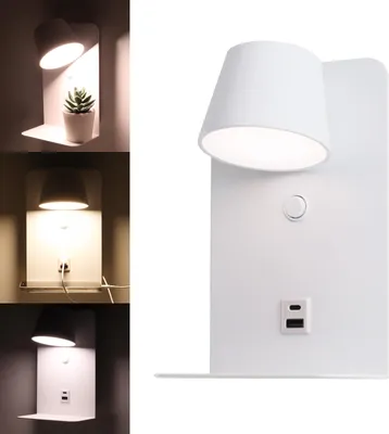 Imagen del producto de Lámpara de pared LED ajustable de 6W con interruptor y carga mediante USB y tipo C, con temperatura de color de 3000 K a 4000 K a 6000 K, chips Osram y fuente de alimentación KEGU blanca