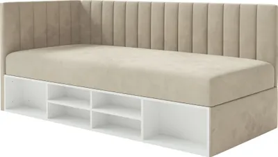 Produktbild von Selsey Ventrio - Jugendbett linksseitig mit Regalen, Easy-Clean-Samtbezug, hellbeige