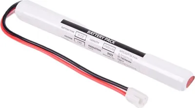 A white battery pack with red and black wires and a white connector.
