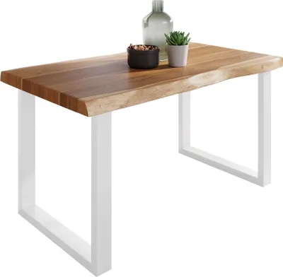 Produktbild von Esstisch Baumkante massiv Akazie Natur 120 x 80 U-Gestell weiß ATLAS
