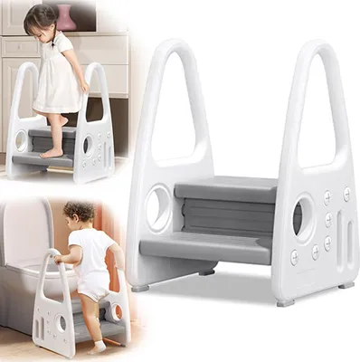 Produktbild von YARDIN Tritthocker Kinder 2 Stufen Tritt Trittschemel Lernturm Trittleiter Schemel mit Zwei-Armlehnen Anti-Rutsch Passend für Bad Schlafzimmer Küche Grau