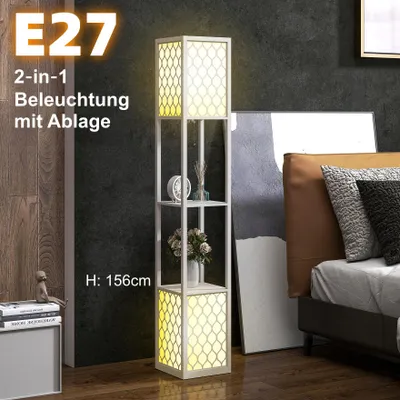Produktbild von Regal-Stehleuchte Hellgrau mit 2 Ablagen & Zugkette - 156 cm Säulen-Standlampe mit Stoffschirm, Moderne Regallampe E27 für Wohnzimmer & Schlafzimmer.