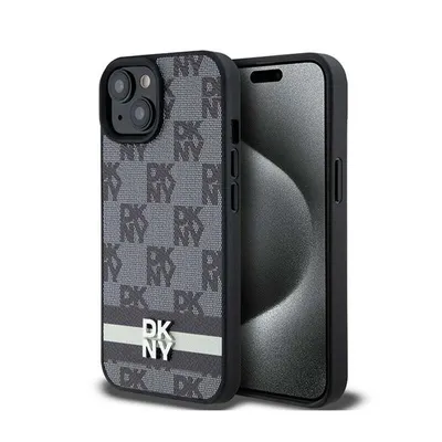 Produktbild von DKNY Leder-Karomuster und bedruckte Streifen - iPhone 15 Plus / 14 Plus Hülle (Schwarz)