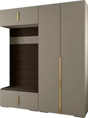A modern wardrobe with a bench and coat hooks.