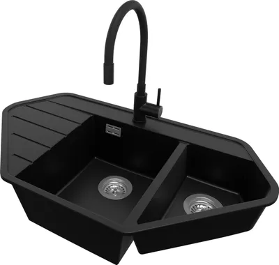 A black double-basin kitchen sink with a black faucet against a white background.