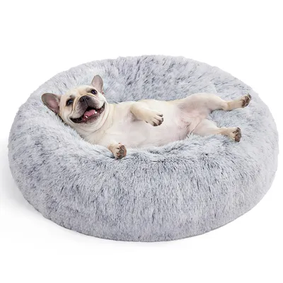 Produktbild von Feandrea Hundebett flauschig, Katzenbett, Donut Kissen, waschbar, Polsterung in der Mitte herausnehmbar, langer Plüsch, 70 cm Durchmesser, Ombré-Grau