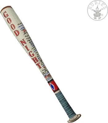 A baseball bat with text and designs on it, set against a white background.