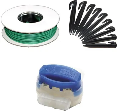 Produktbild von Genisys Mähroboter Kabel Reparatur Set + Haken Verbinder kompatibel mit Bosch Indego Rasen Roboter Mäher Begrenzung Draht Erdnägel Klemmen - HQ 2024, Set:50m+100H+10V