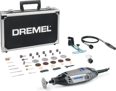 A Dremel tool kit is displayed on a white background, including the tool itself, a storage case, and various accessories.