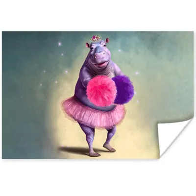 Produktbild von MuchoWow® Poster Nilpferd - Blumen - Ballerina - Pompons - Porträt 90x60 cm - Schlafzimmer