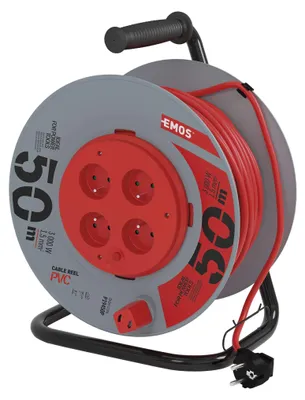 Prodlužovací kabel na bubnu, pevný střed / 50m / 4 zásuvky / červený / PVC / 230V / 1,5mm2