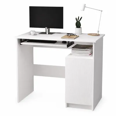 Immagine prodotto di Moderna scrivania per computer con ripiano per tastiera, bianca, con mobile in stile loft