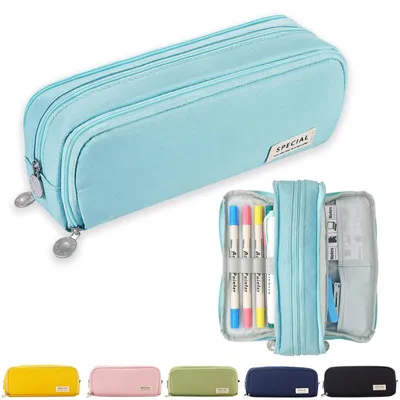 Image de Trousse pour adolescentes, 3 compartiments, grande capacité, trousse pour l'école et le bureau, bleu clair