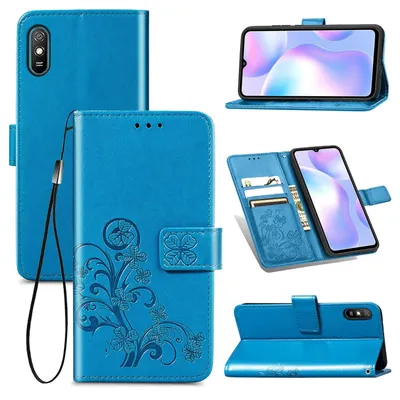 Image de Étui de protection pour téléphone Xiaomi Redmi 9A, type coque rabattable avec porte-cartes, couleur bleue