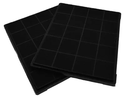 Two black carbon filters for a cooker hood, arranged diagonally.