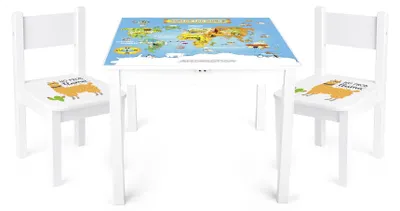 Produktbild von Bayagu Kindertisch mit 2 Stühlen zum Zeichnen und Spielen 60x60x49cm Weltkarte