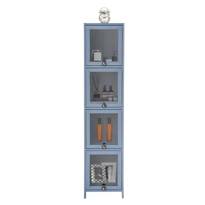 A tall, narrow, four-tiered cabinet with glass doors, standing on a white background. A small alarm clock sits on top of the cabinet.