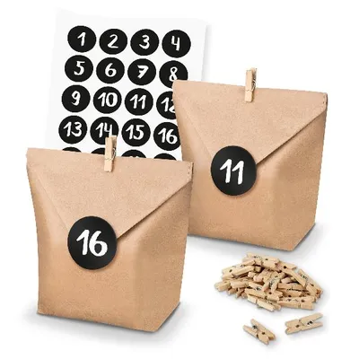 Produktbild von itenga SET Adventskalender 24x Tüten + Klammern + Zahlensticker (Z30)