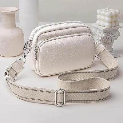 Produktbild von Beige Crossbody-Tas für Damen - kleine Schultertasche mit Reißverschluss - breiter Schultergurt - Kunstleder - für Reisen - tägliches Arbeits - Einkaufen