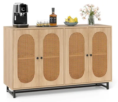 Produktbild von COSTWAY Sideboard mit 4 Rattantüren, Küchenschrank aus Holz, Buffetschrank mit verstellbaren Regalen & Metallbeinen, Kommode, 126 x 40 x 81 cm, Natur