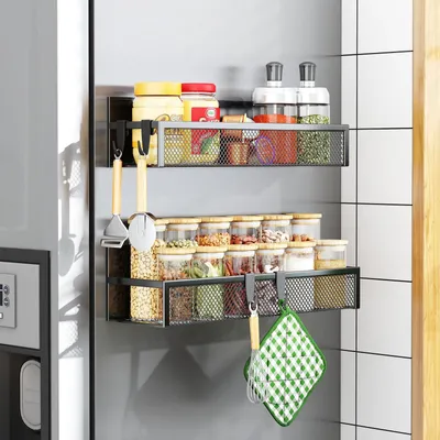 Zdjęcie produktu dla Omgoods - Magnetyczne półki na przyprawy do lodówki - 2 sztuki z haczykami