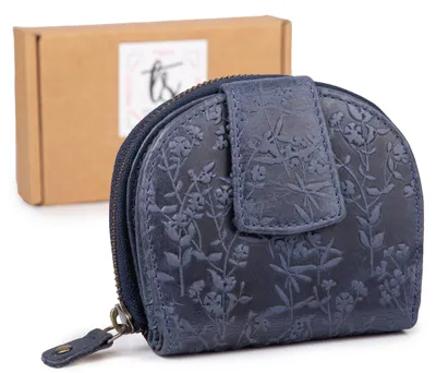 Produktbild von Ekavale Damen Geldbörse Portemonnaie Echtleder Vintage Blumenmuster Blau