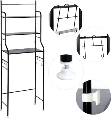 Produktbild von WYCTIN Badezimmerregal Schwarz, 3 Ablagen, für Toilette & Waschmaschine, lackierter Stahl, 157x48x26cm, 30kg Tragkraft, Pflegeleicht, rostbeständig, justierbare Schraubenauflagen, platzsparend, Wandschutz, einfacher Aufbau