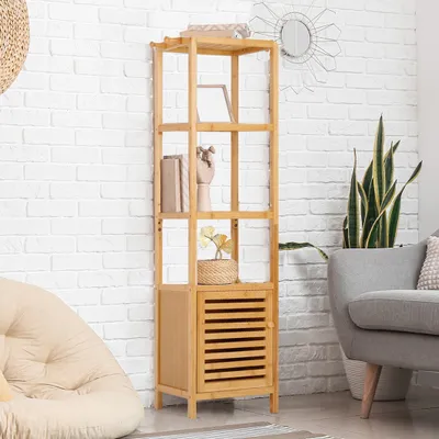 Produktbild von WISFOR Badezimmerschrank Hochschrank Badregal mit 4 Ablagen, Standregal mit Schranktür, Badmöbel Bambus, Blumenregal, 33,8 x 33 x 140 cm
