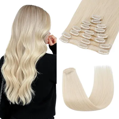 Immagine prodotto di Estensioni per capelli da applicare, capelli umani naturali al 100%, tipo Remy, color bianco (schiariti), lunghezza 50 cm, confezione da 8 pezzi, peso totale 70g