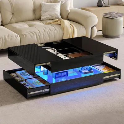 Zdjęcie produktu dla REMZETTA Stolik kawowy, 78 x 78 x 43 cm, kwadratowy, czarny, z wysokopołyskową powierzchnią, z kolorowym oświetleniem LED, sterowany za pomocą aplikacji i pilota