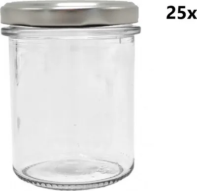 A clear glass jar with a silver lid is shown against a white background.