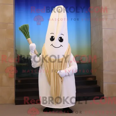 Produktbild von Maskottchenfigur REDBROKOLY eines weißen Spargels bekleidet mit einem Etuikleid und Schalklammern